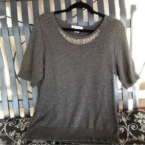 Liz Claiborne Size L short sleeve grey sweater w/ beaded neckline